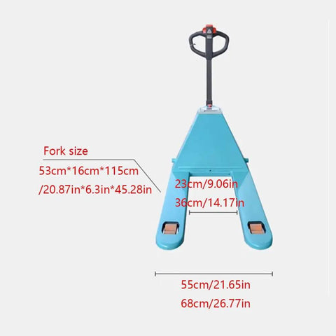 Heavy Duty Electric Pallet Jack With 3300 Lb Capacity, Lithium Powered Forklift Pump For Tight Warehouse Spaces Walk Behind Industrial Truck, fork dimensions displayed.