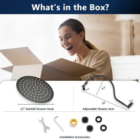 Woman unboxing Oil Rubbed Bronze 12 Inch Rain Shower Head With 16 Inch Adjustable Extension Arm 304 Stainless Steel High Pressure Rainfall