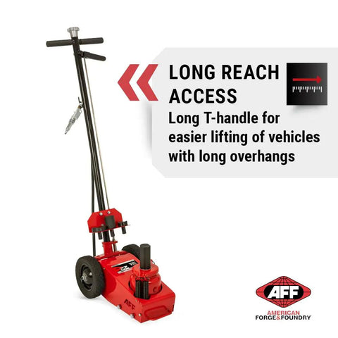 Knockout 22 Ton Air Hydraulic Axle Jack Delivering Boss Level Shop Power With Lightning Fast Motor And 43 Inch Locking Lever And Eight Inch Pro Grade Wheels with long T-handle.
