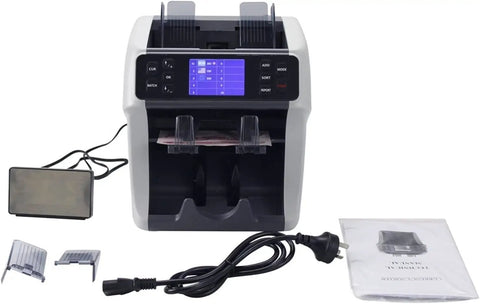 Heavy Duty Money Counter Machine With Smokin Fast Counterfeit Detector And Dual Pocket Value Bill Sorter for mixed cash, compact design.