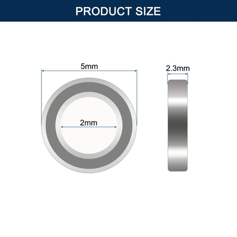 Front view of 682ZZ miniature deep groove ball bearing, 2 mm ID, 5 mm OD, 2.3 mm thick, chrome steel, double shielded.