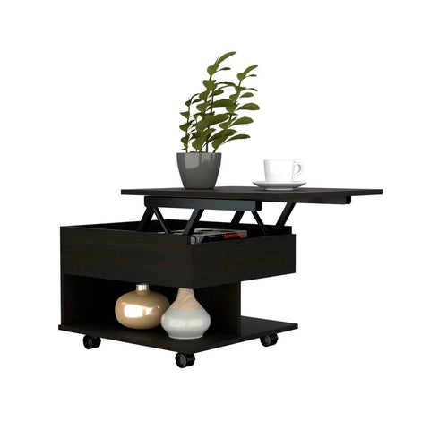 Super Slick Black Lift Top Coffee Table With Massively Deep Hidden Storage And Roomy Open Shelf Rolling Easy On Solid Locking Casters For Total Living Room Vibe Upgrade Today, displaying plants and drinks.