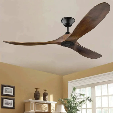 Retro Wooden Ceiling Fan With Remote And Soft Ambient Lighting Featuring Whisper Quiet DC Motor Tech Perfect For Cozy Living Rooms And Bedrooms To Serve Up Hella Solid Cooling And Fly Summer Vibes Daily mounted on ceiling with warm wooden blades.