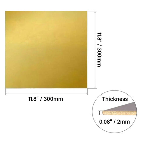 H62 Brass Sheet 2mm Thick 300x300mm High Purity Copper Alloy For Prototyping And Manufacturing; dimensions and thickness shown.
