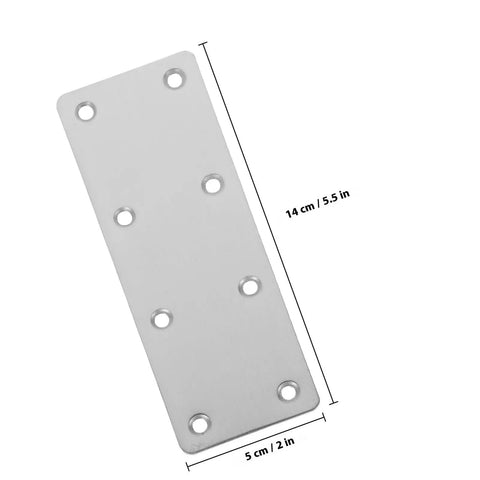 Five Piece Stainless Steel Metal Brackets With Straight Plate Design And Multiple Openings For Cabinet Furniture Wood Repair And Joining Heavy Duty Fixing Supports For DIY Projects, bracket with 8 holes, dimensions 14 cm by 5 cm
