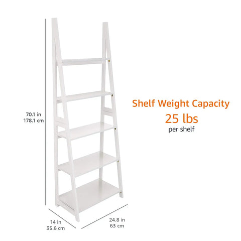 Five Tier Ladder Bookshelf With Solid Rubberwood Frame And Clean White Finish No Hassle Assembly Compact Storage Organizer For Small Space Built Tough Display rack showcasing dimensions and weight capacity.