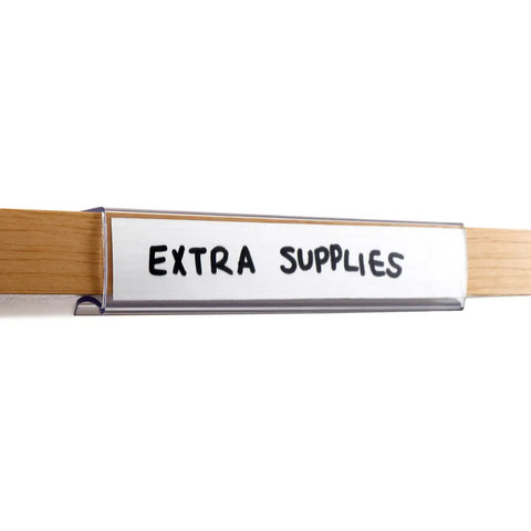 Slick Clear Plastic Shelf Clip Label Holders Fits One Inch Thick Racks No Sweat Installation with labeled extra supplies.