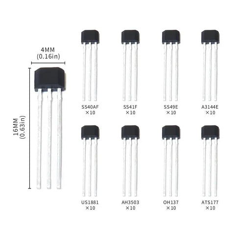 80 Piece Hall Sensor Kit With TO92 Headers 8 Sensor Types SS40AF SS41F SS49E A3144E US1881 AH3503 OH137 ATS177 layout view