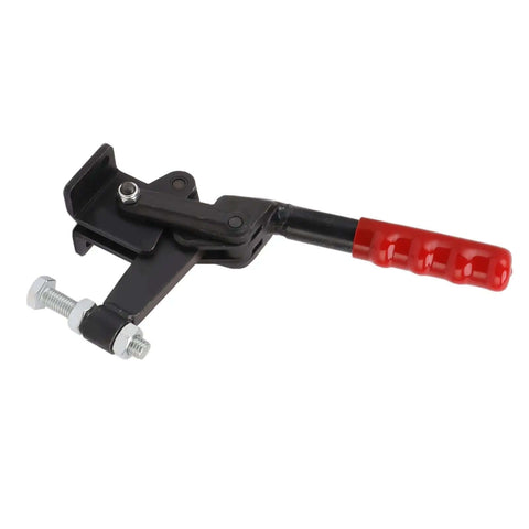 Built Tough Toggle Clamp in carbon steel, heavy duty 1543 lb capacity with 180 degree bar rotation, red handle visible