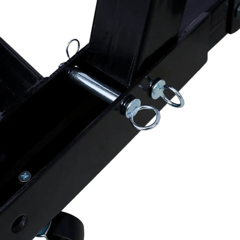Heavy Duty 2 Ton Folding Engine Hoist Shop Crane With Hydraulic Pump And Six Swivel Casters detailed view of locking pins and steel frame.