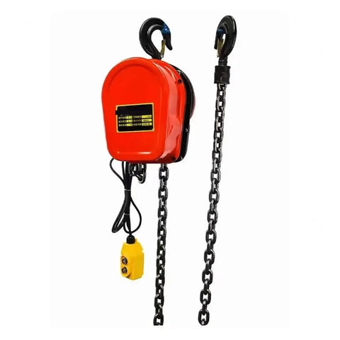 Portable Electric Chain Hoist For No Sweat Heavy Lifting And Construction Projects Featuring Sturdy Bearings with red housing and hanging chains.