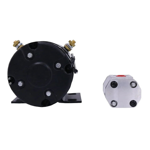 24V Hydraulic Pump Electric Motor Replacement For Skyjack SJIII Scissor Lift Units 161936 161937 front view with fittings and reservoir.