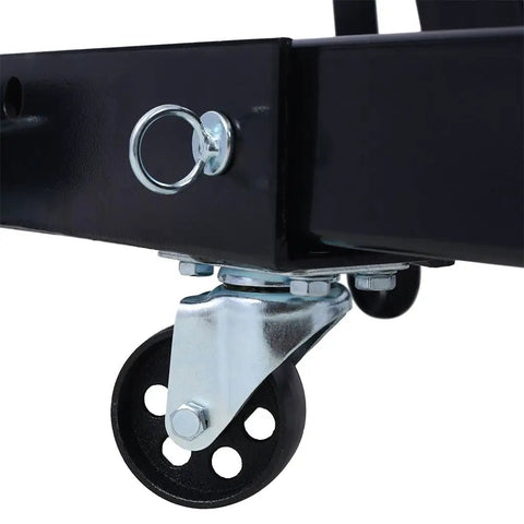 Heavy Duty 2 Ton Hydraulic Engine Hoist Folding Cherry Picker Built Like A Bad Boy With Six Slick Iron Casters close-up of swivel caster wheel