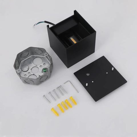 Outdoor Up Down LED Wall Light In Black Aluminum 12W Square Fixture 6500K Daylight Color IP65 Waterproof Adjustable Beam with accessories