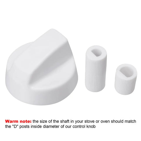 4 Pack Control Knobs Replacement Kit With 12 Adapters For Oven Stove And Range Universal Fit For RV Camper Kitchens Easy Install Durable High Heat Knobs, showing a single white knob and two adapter types.