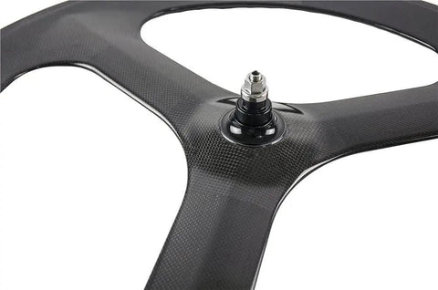 Close-up of Full Carbon Tri Spoke 700C Clincher Wheelset For Fixie Rigs Lightweight Aero Front Wheel with valve detail