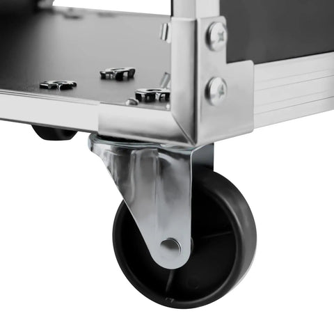 Close-up of the locking swivel casters on Heavy Duty 16U AV Rack Cabinet With Locking Swivel Casters Portable Rolling Network Studio Rig.