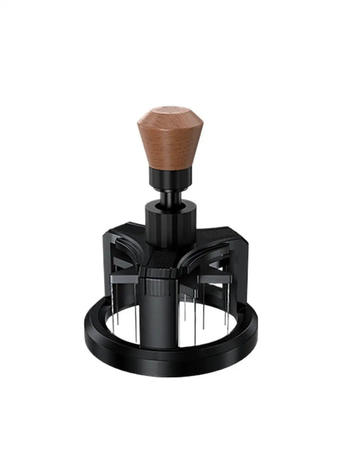 Premium Game Changer 58Mm Espresso Coffee Distributor With Magnetic Base And Precision Rotary Needles For Hitting That Perfect Pull And Nailing Ground Leveling Daily, featuring a wooden handle and black base.