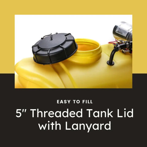 25 Gallon ATV UTV Spot Sprayer With 2.2 GPM 12V Diaphragm Pump, showing 5-inch threaded tank lid with lanyard