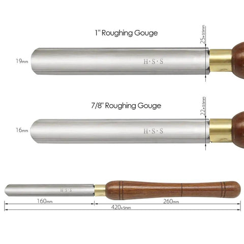 Top Shelf Wood Turning Roughing Gouge Kit Dead Nuts Sharp Carbide Tipped Lathe Chisel dimensions of 1" and 7/8" gouges with walnut grip.