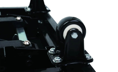 Close-up of wheel on Five In One Workbench Table With Adjustable Height And Clamping Surface That Doubles As Scaffold Dolly And Creeper