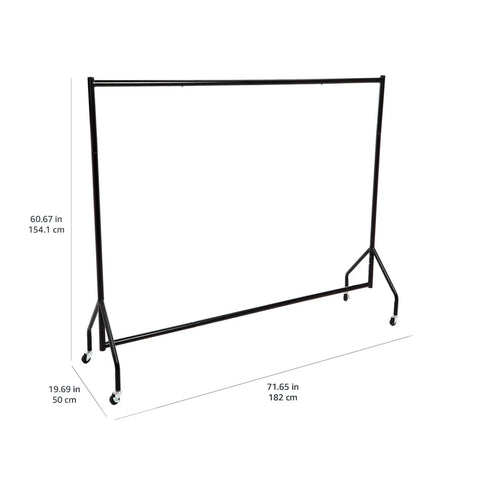 Heavy Duty Rolling Garment Rack With Solid Steel Frame And Smooth Gliding Casters Keeps Your Fit Stacked And Ready Without Any Fuss For Home Or Workshop Spaces Featuring Easy Peasy Assembly And Sleek Black Finish, dimensions 71.65 by 60.67 inches.