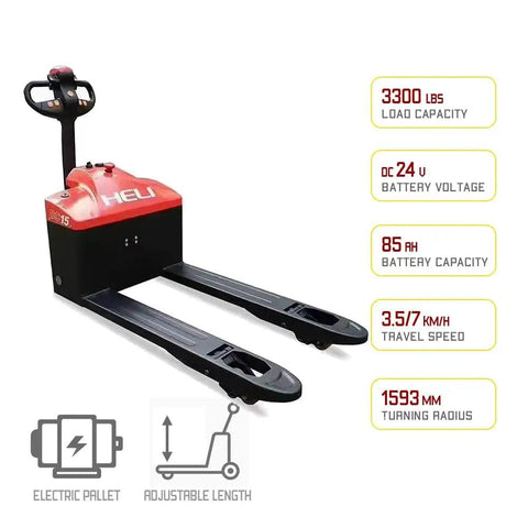 Semi Electric Pallet Jack With 3300 Lbs Capacity Plus Lithium Battery Electric Drive and Manual Hydraulic Lift for smooth warehouse tasks.