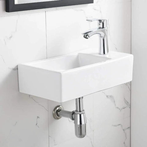 Corner Vessel Sink Kit With Faucet and Drain 18x10 Inch Small White Porcelain Wall Mount Vanity Sink Space Saving Rectangular Hand Wash