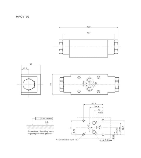 Technical drawing of heavy duty hydraulic check valve MPCV-02 dimensions for solenoid systems.