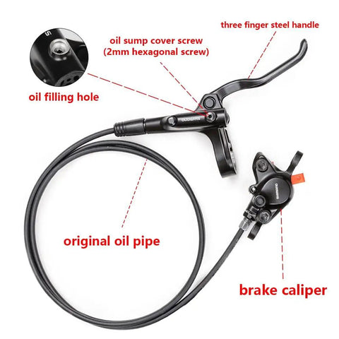 MT200 Hydraulic Disc Brake System Upgrade Kit showing aluminum alloy lever, caliper, and cable details with labeled parts