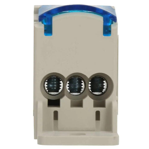 Rock Solid 80 Amp Din Rail Terminal Block Distribution Box With Fire Safe Housing showing front view with three connection screws.