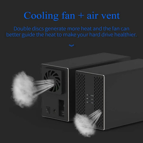 Cooling fan and vents on Plug And Play Dual Bay Hard Drive Enclosure Rock Solid USB 3.0 And USB 3.1 RAID Array Dock.