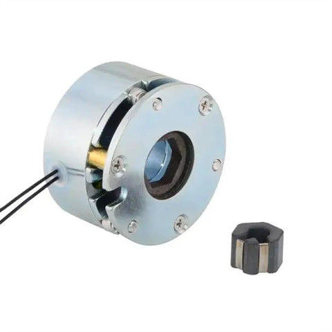Front view of DC electromagnetic brake 24V 2.0 Nm with metal flange housing and wiring leads.