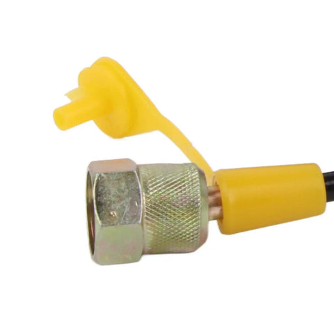 Close-up of Go-To 630BAR Hydraulic Pressure Test Hose DN3 with yellow end cap and metal fitting for high-pressure systems.