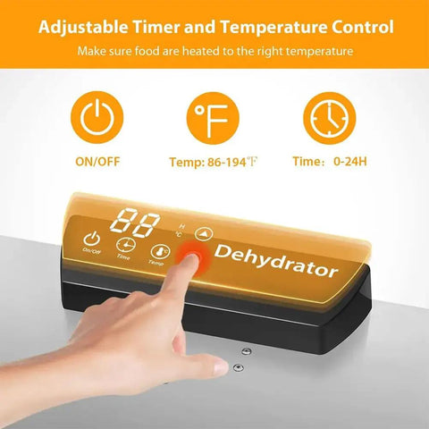 Heavy Hitter Commercial Food Dehydrator With 16 Stainless Steel Trays And 1500 Watts showing adjustable timer and temperature controls.