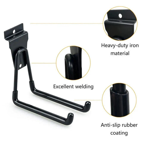 Close-up of Heavy Duty Slatwall Hooks 14 Pack Black For Garage Organization And Tool Storage, showing heavy-duty iron material with anti-slip rubber coating and excellent welding.