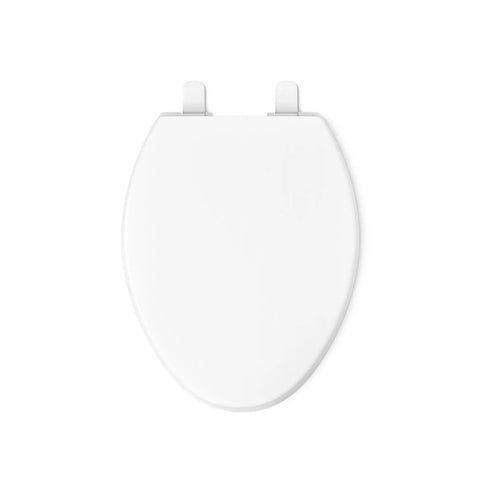 Revamp Your Bathroom With This Top Tier Quiet Close Elongated Toilet Seat In Crisp White featuring a smooth design and sturdy mounting bolts.