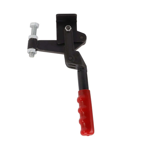 Built Tough Toggle Clamp In Carbon Steel, Heavy Duty 1543 Lb Capacity With 180 Degree Bar Rotation, red handle close-up