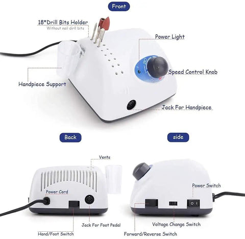 Multifunction Dental Grinder Rotary Tool With Adjustable Speed Pro Grade Power Low Noise Long Life Workhorse For Grinding And Polishing Foot Pedal Start Stable Performance For Pros And DIY Home Use White, showing front, back, and side views with features labeled.