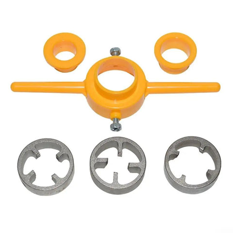 Pro Tip Ratchet Pipe Threader Kit For PVC Pipes with yellow handle and metal dies for 20mm, 25mm, and 32mm threads.