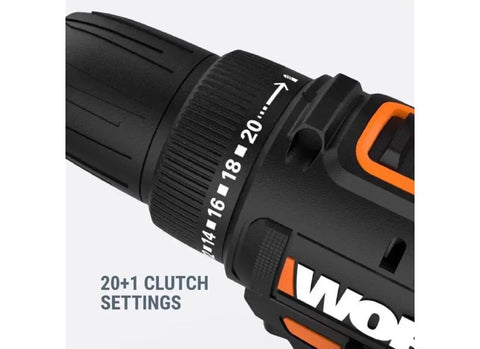 Close-up of 20V Max Three-Eighths Inch Drill Driver with 20+1 clutch setting, variable speed, and all metal gears, WX100L compatible.