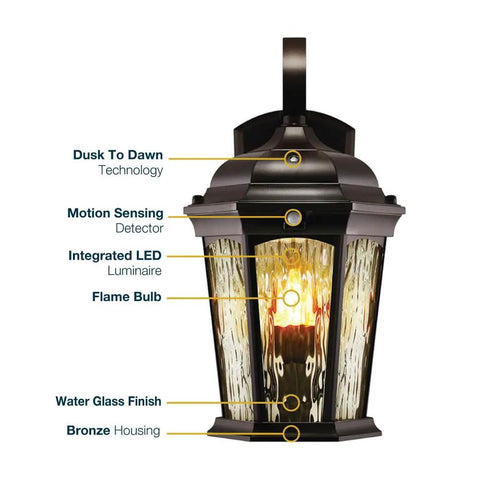 Flickering Flame Porch Light With Water Glass And Integrated Security Light, Dusk To Dawn Motion Sensor, 3000K Warm Glow