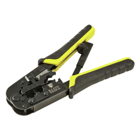Ratcheting Go-To Modular Crimping And Wire Stripping Tool For RJ22 RJ11 RJ12 RJ45 Connectors with yellow and black grip.
