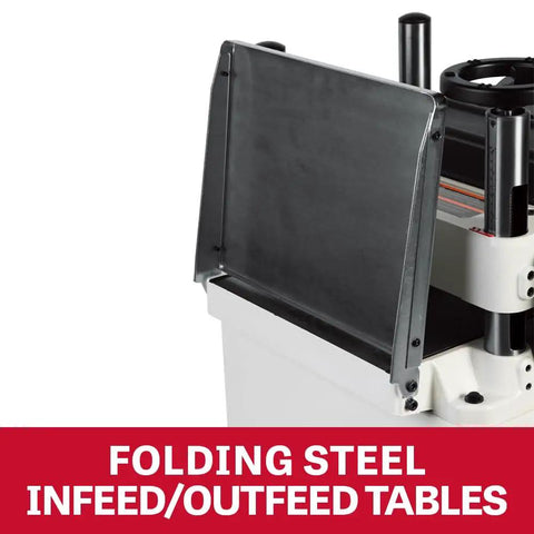 Folding steel infeed/outfeed tables on a Heavy Duty 15 Inch Thickness Planer 3HP 230V Powerhouse for woodworking efficiency.