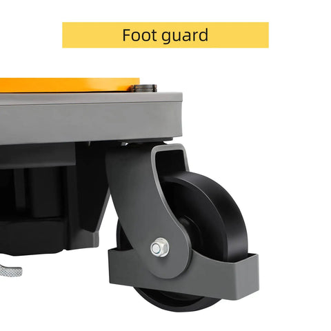Heavy Duty Semi Electric Pallet Stacker shows foot guard and durable wheel designed for stability and safety during operation.
