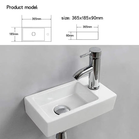 Compact Wall Hung Powder Room Basin For Small Bathrooms, Rectangular Ceramic Wash Basin With Right Hand Drain, Durable 1280C Fired Ceramic