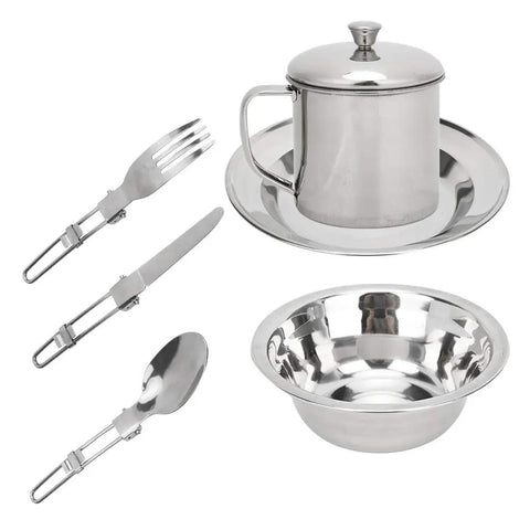 Solo Camping Stainless Steel Outdoor Tableware Set With Rustproof Mess Kit and Storage Bag, showing plate, bowl, cup, and utensils.