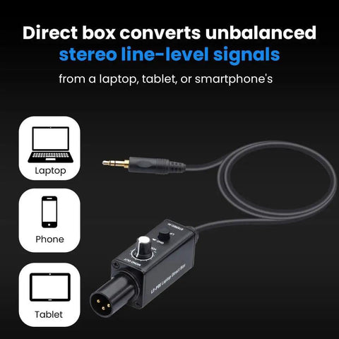 Direct Box 1 Channel Passive DI Box for Laptop Smartphone Tablet 3.5mm to XLR Converter with Ground Lift visible with cable