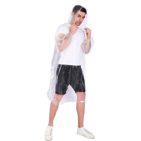 Person wearing Your Go To Disposable Rain Ponchos With Drawstring Hood For Adults, Emergency Family Pack, Clear Waterproof Ponchos