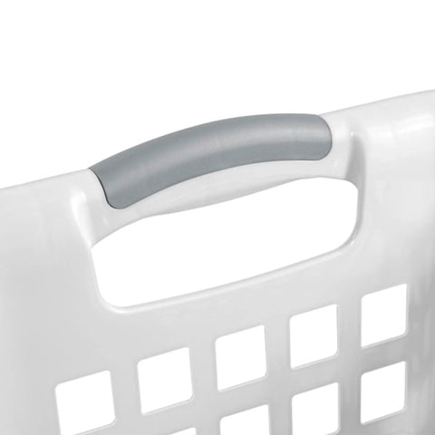 Close-up of comfort grip handle on Ultra 2 Bushel Plastic Laundry Hamper Baskets, 6 Pack in White, Heavy Duty Laundry Sorter for Big Loads